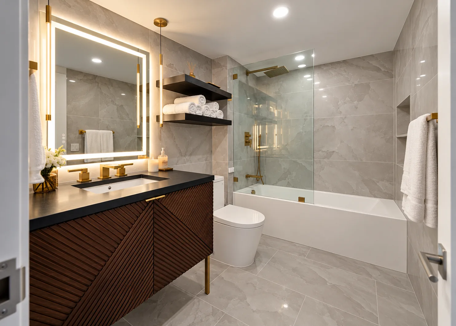 Gray marble-look tile bathroom with dark wood fluted vanity, backlit mirror, brushed gold fixtures and glass-enclosed soaking tub