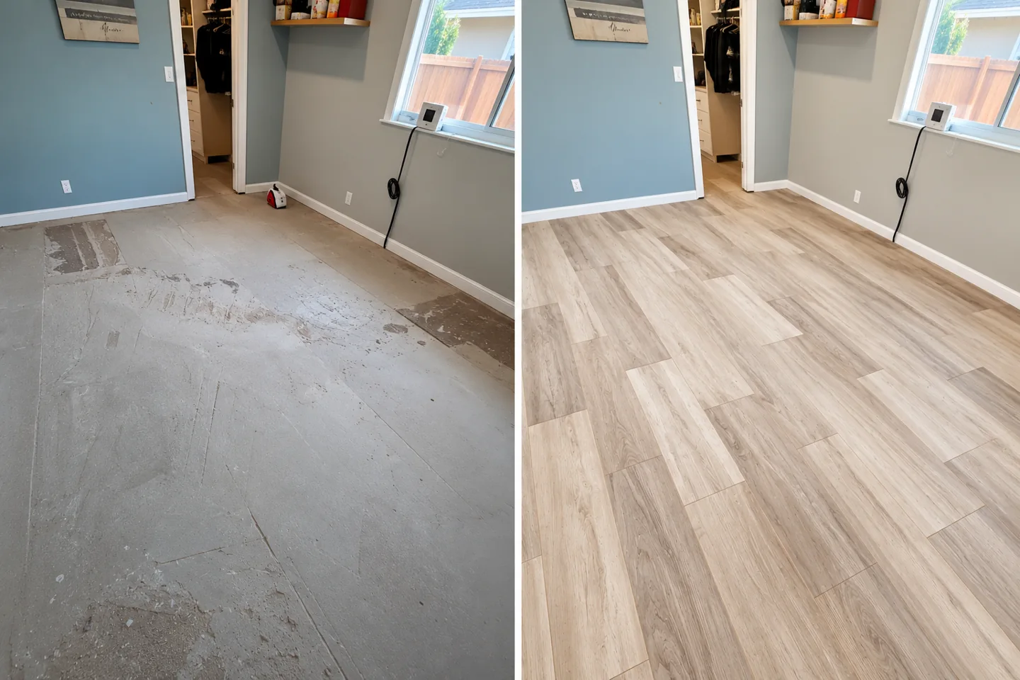 Side-by-side flooring before and after showing an exposed subfloor replaced with light wood-look planks
