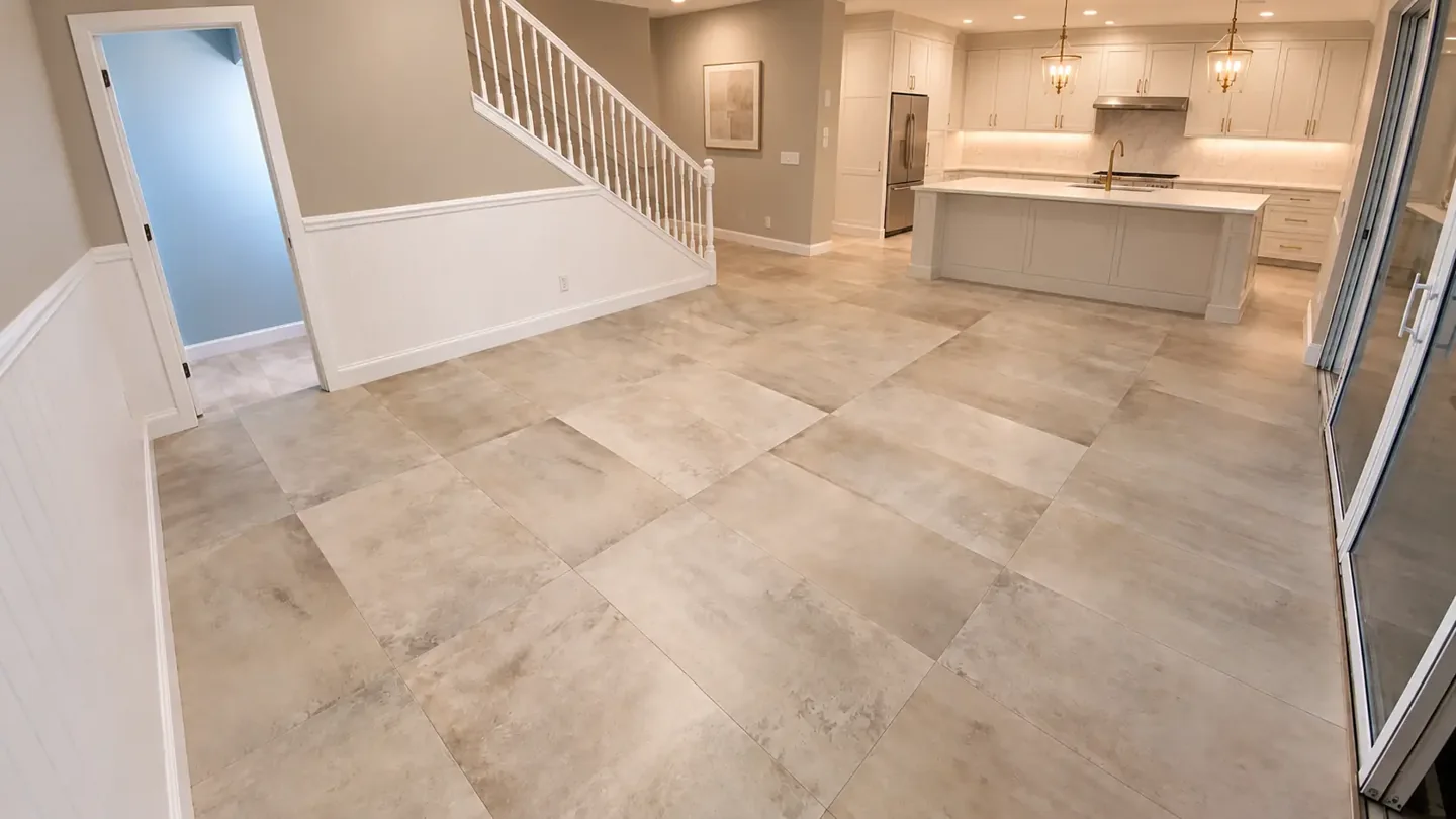 Open living and kitchen interior with large-format neutral tile flooring, stairs and white kitchen cabinetry