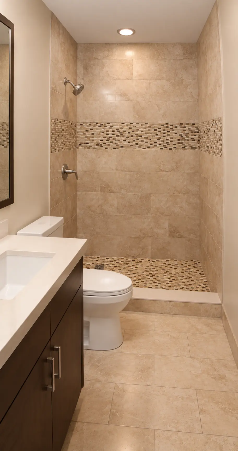 Warm-toned tiled shower with mosaic accent band and dark wood vanity