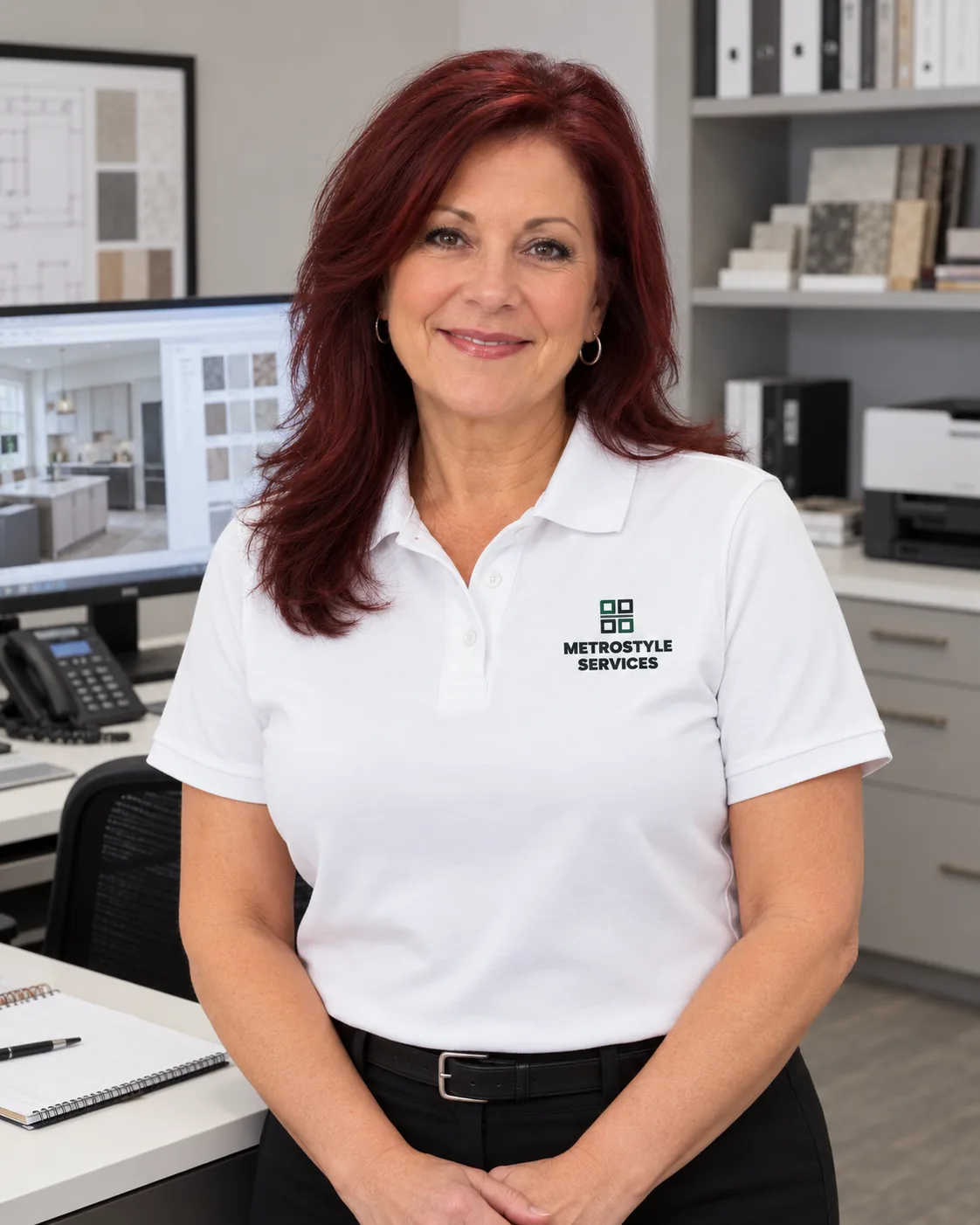 Melissa of MetroStyle Services at her desk in the office