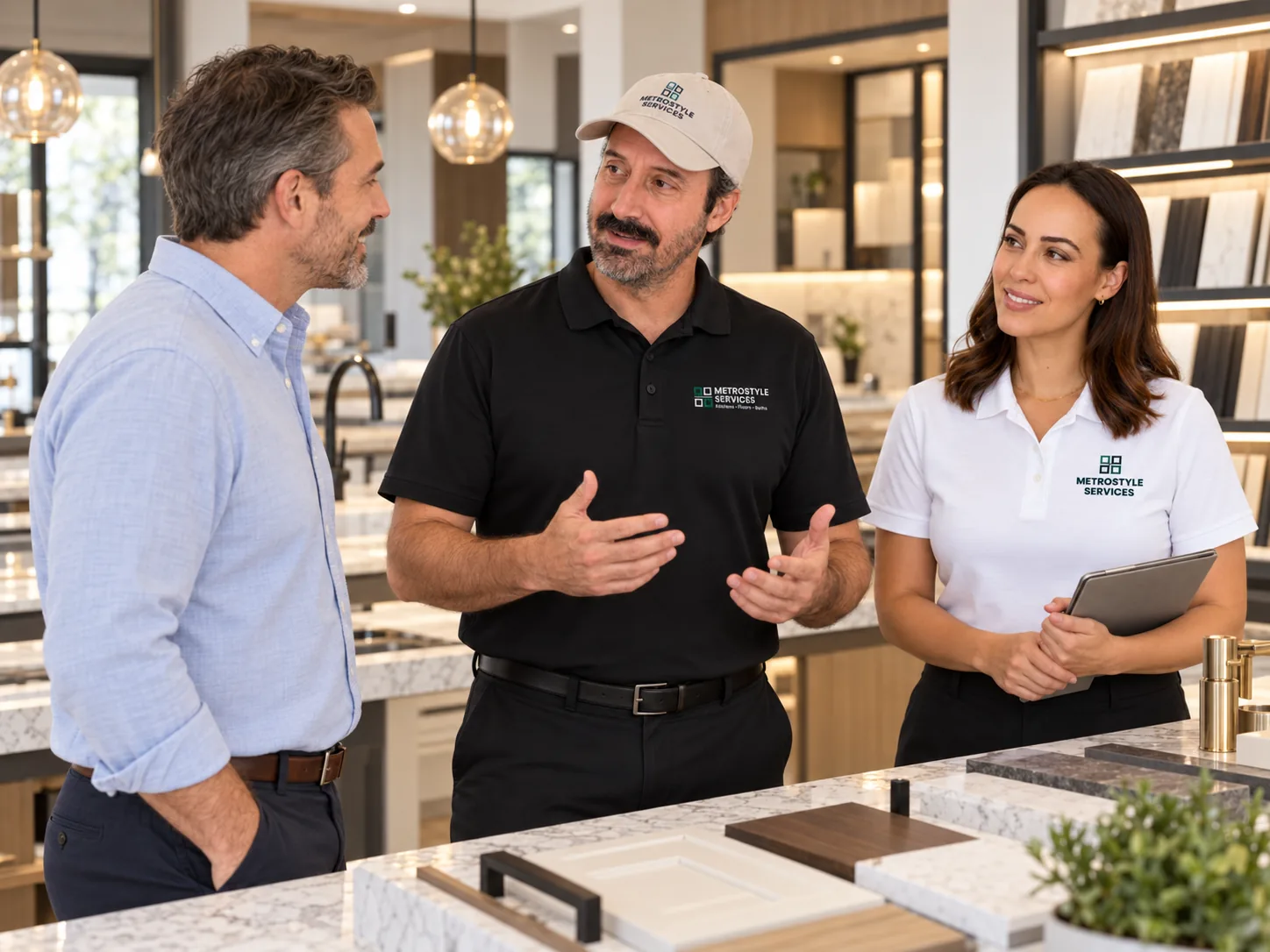 Rob and Tina helping a homeowner choose kitchen and bathroom materials in a showroom