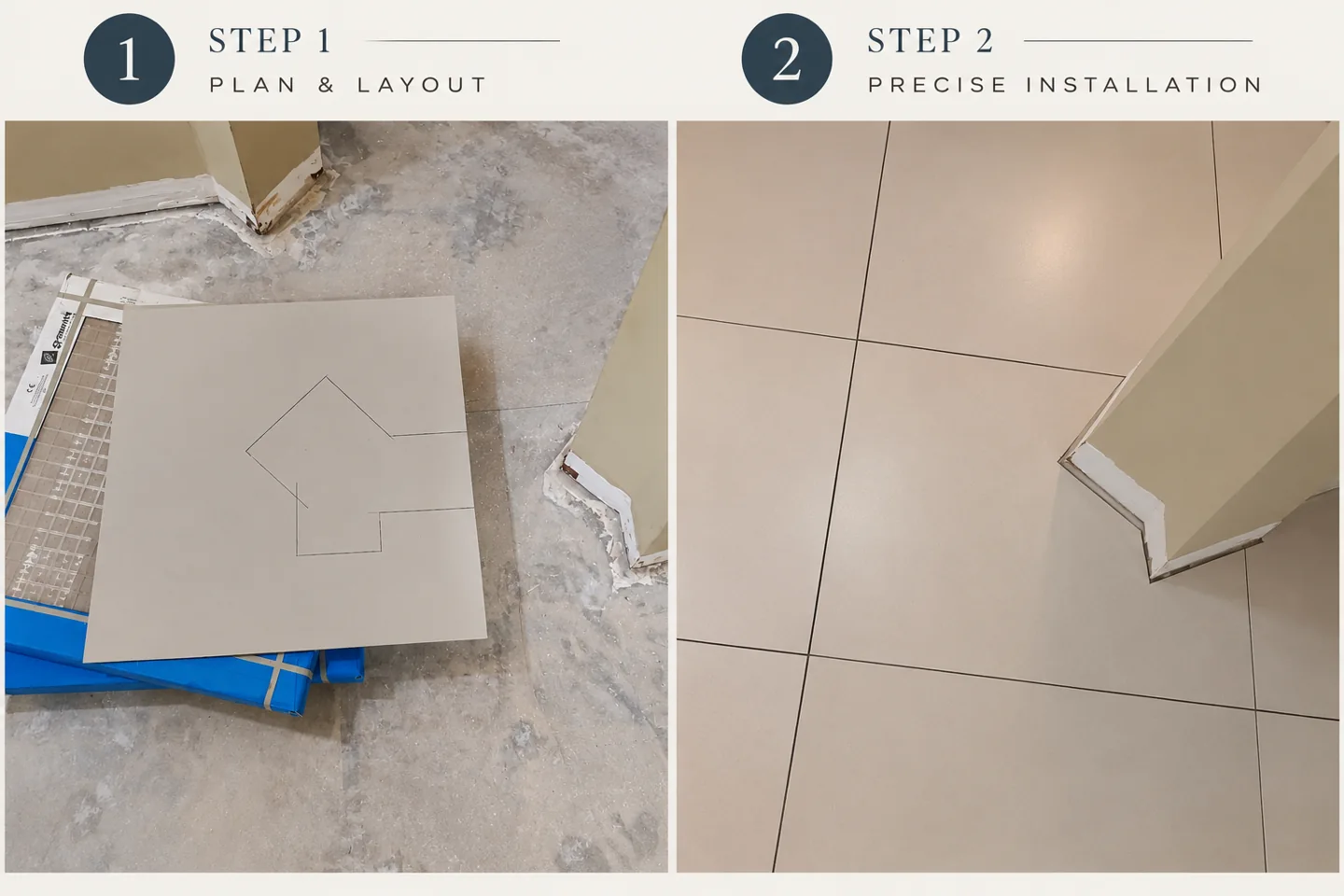 Tile installation progress showing layout marking and cutting followed by light floor tiles set in place