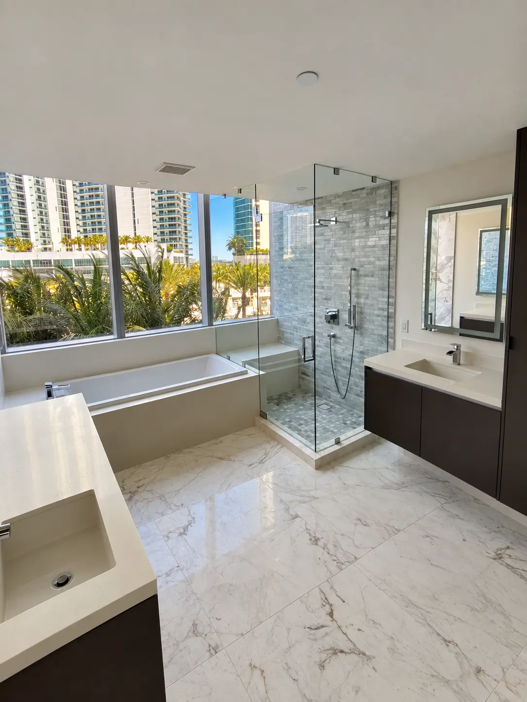 Luxury South Florida condo bathroom remodel with city views, marble-look tile floor, soaking tub and frameless glass shower