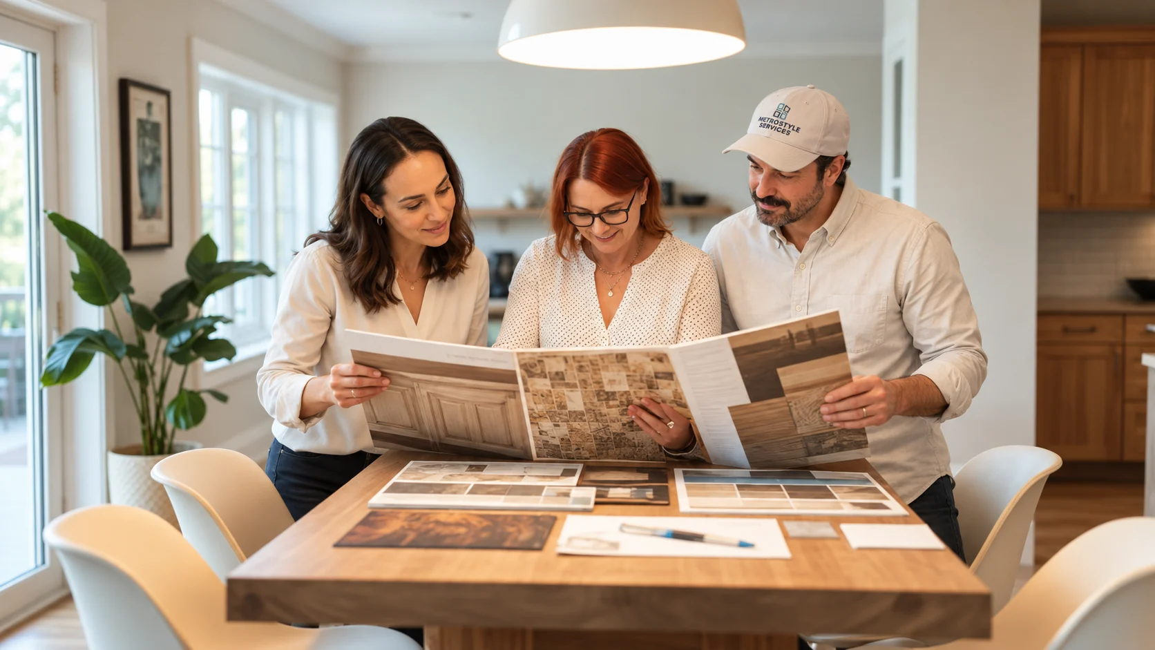 Rob and Tina of MetroStyle reviewing material samples with a homeowner during an in-home design consultation