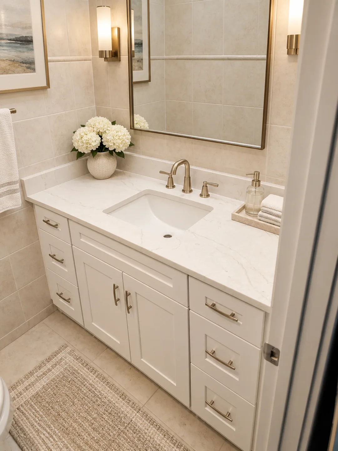 Warm modern powder room remodel with white shaker vanity, marble-look countertop, brushed gold faucet and beige tile