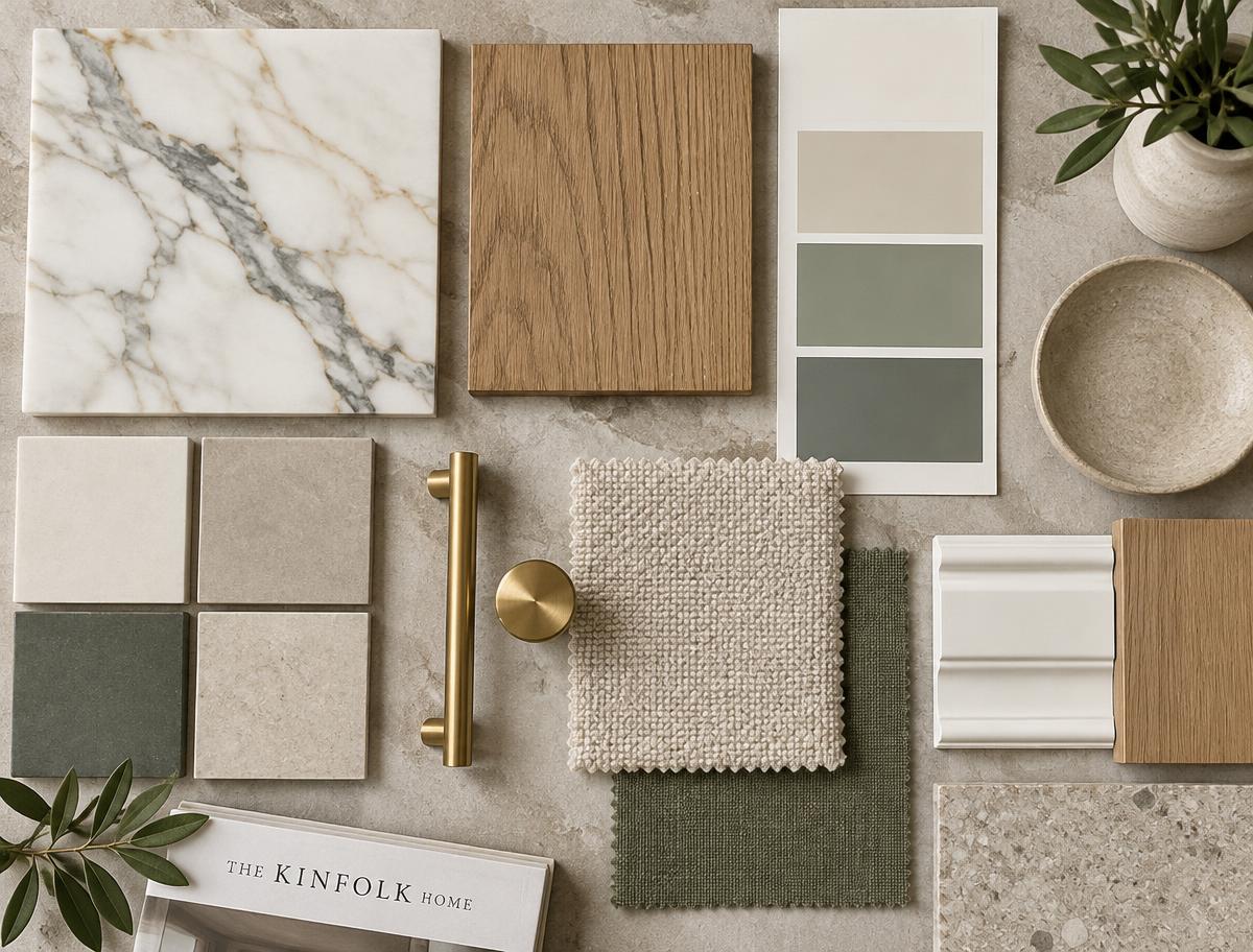 Material palette with calacatta marble, oak wood, tile samples, paint swatches and brass hardware