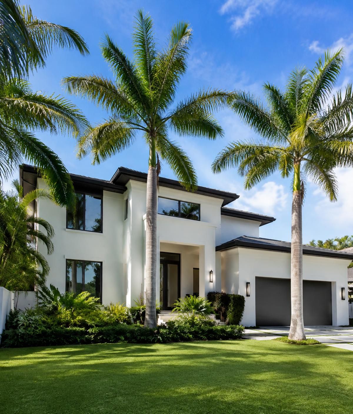 Upscale South Florida home with freshly painted white stucco and royal palms