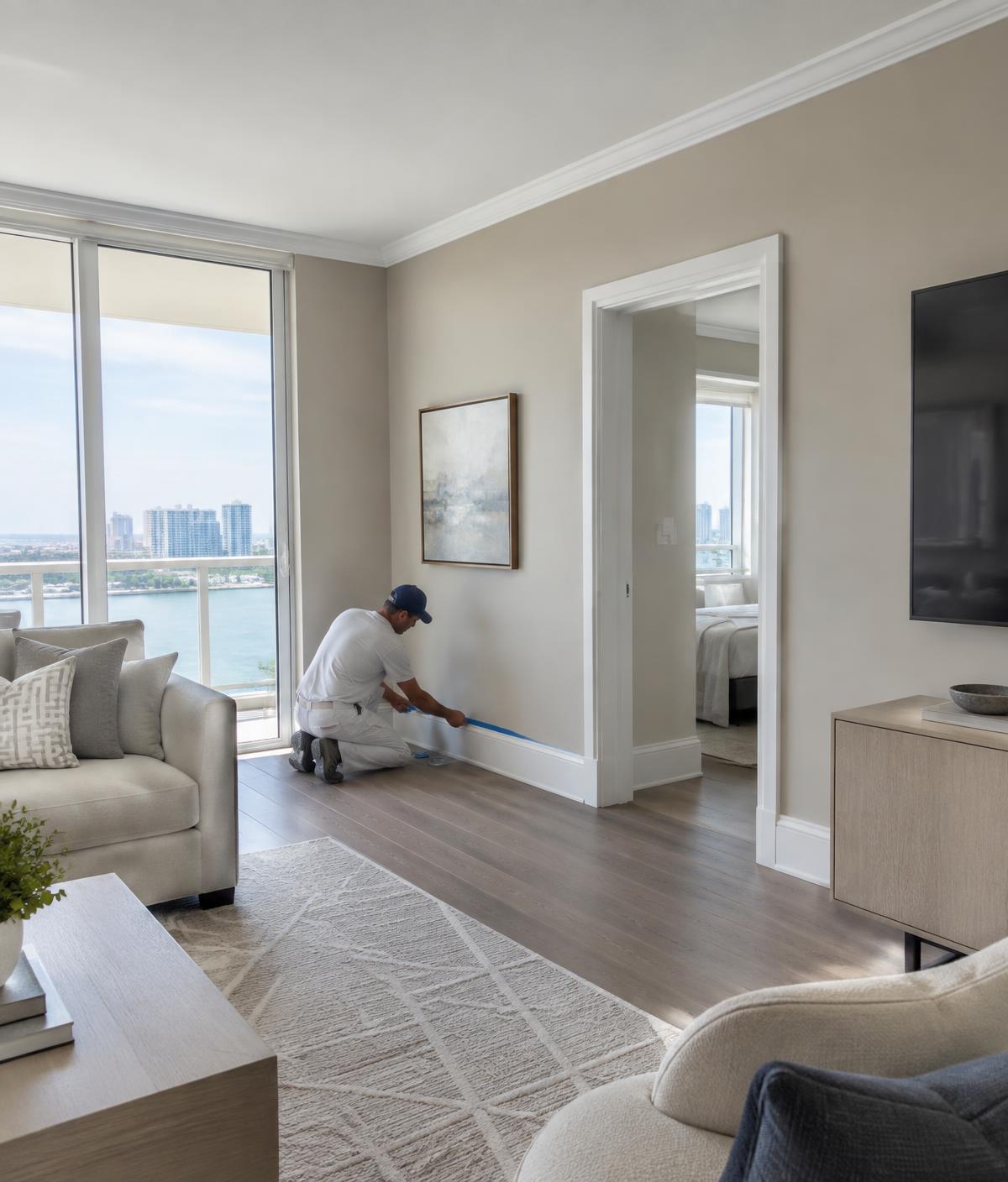 Painter detailing baseboard trim in a freshly painted South Florida condo