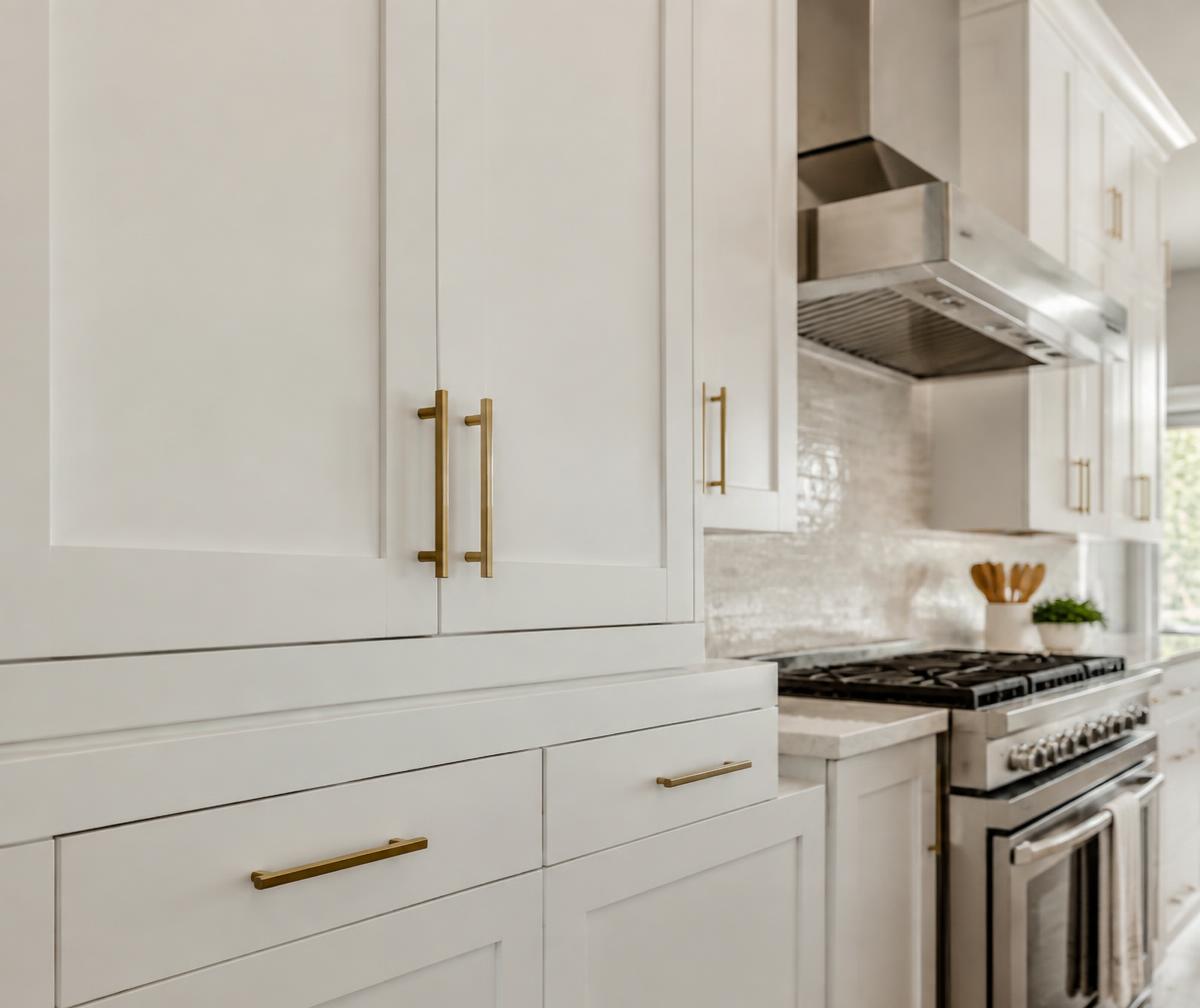 Freshly painted white shaker kitchen cabinets with brass hardware