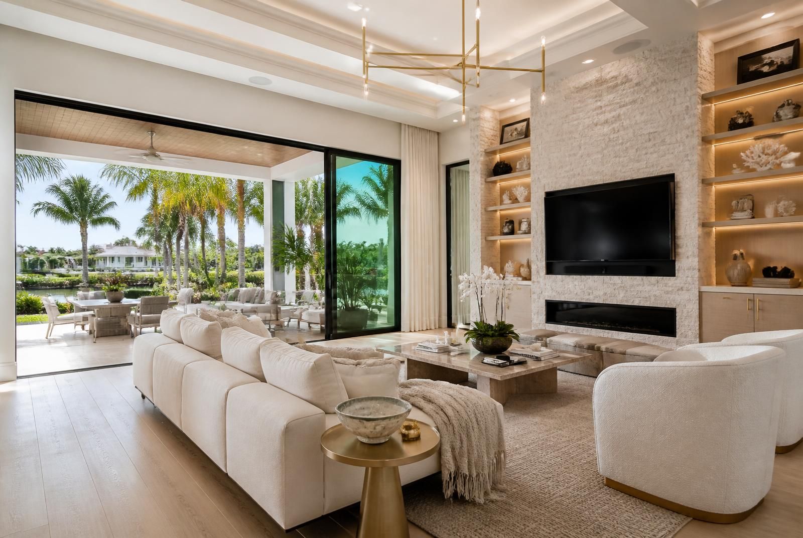 Living room with large-format tile flooring