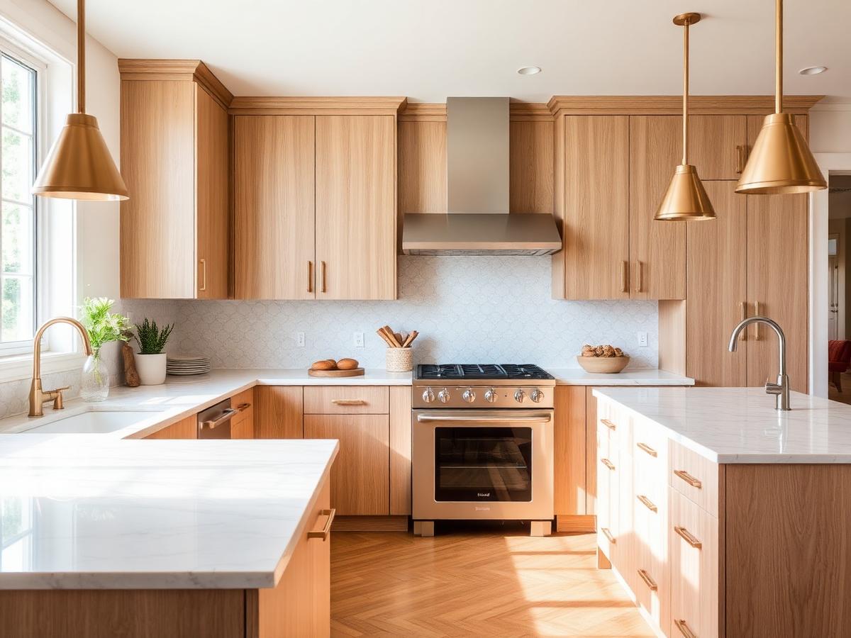 Modern South Florida kitchen with warm neutral cabinets, quartz counters, and brass accents